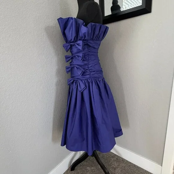 VINTAGE 80s Prom Glam Nili Martin Ruched Bow Strapless Purple Party Dress Sz XS - Picture 4 of 16